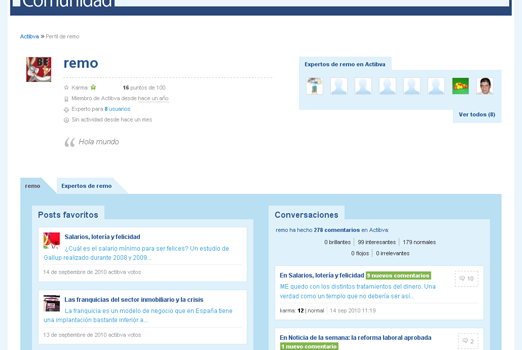 Posts favoritos y conversaciones de un usuario en Actibva