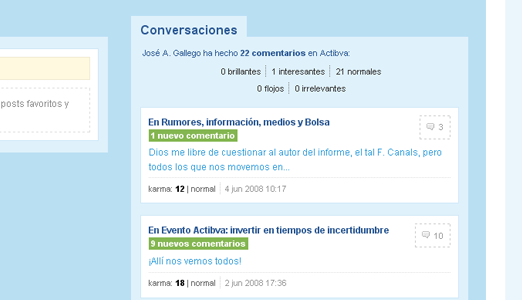 Zona de conversaciones en la página de usuario